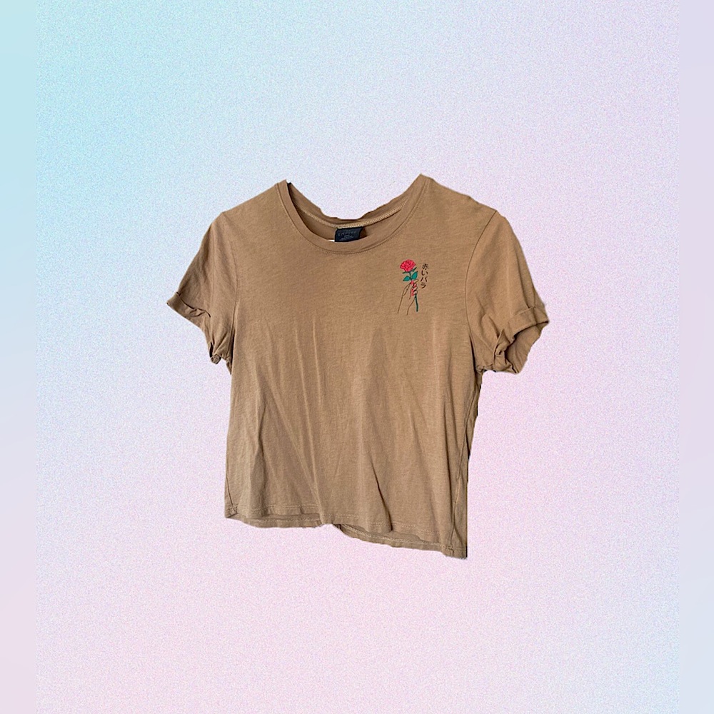 Empyre • Light Brown T-Shirt w/ Japanese Writing & Rose Detail From Zumiez🤎